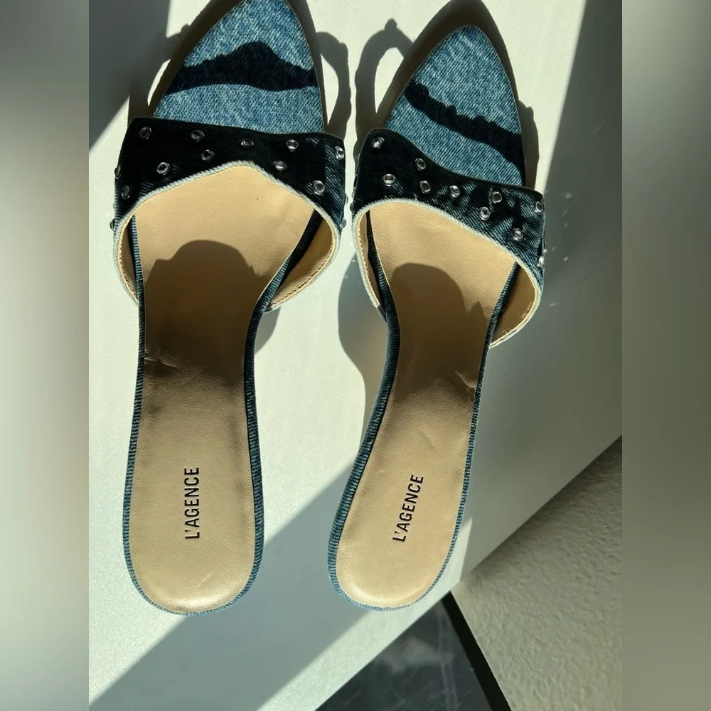 L’Agence Blue Denim Crystal Studded Mule Heels Size 9